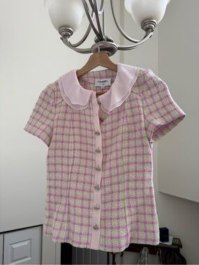 CHANEL Pink & Light Green Tweed Short-Sleeve Blouse